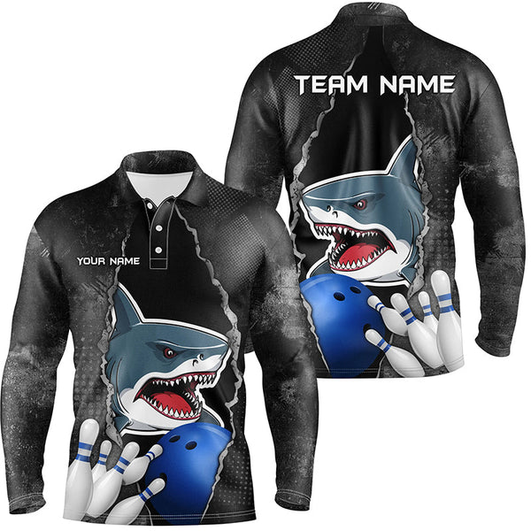 Maxcorners Shark grunge pattern Custom Men Bowling Polo, Quarter Zip Shirts Shark Bowling Team Jerseys Outfits