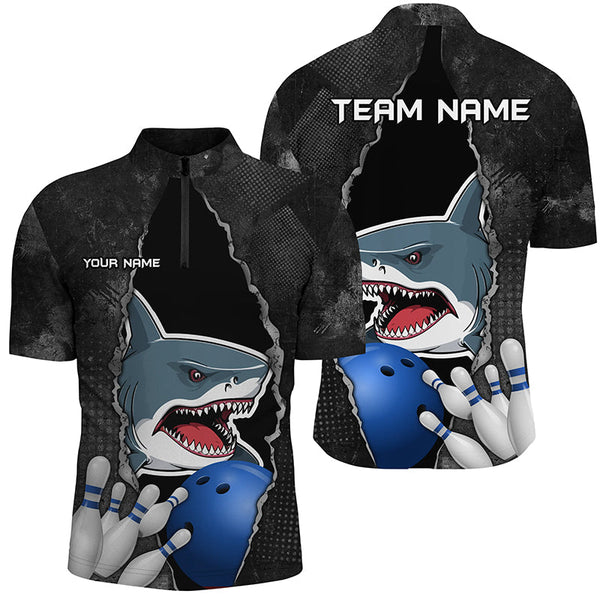 Maxcorners Shark grunge pattern Custom Men Bowling Polo, Quarter Zip Shirts Shark Bowling Team Jerseys Outfits