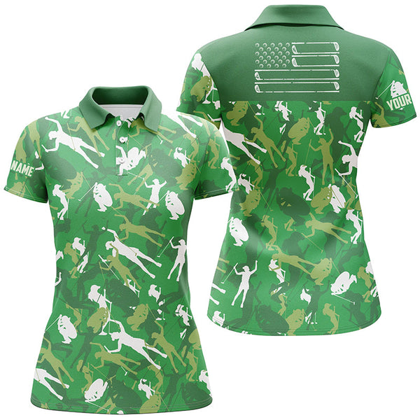 Max Corners Ustom Green Camo American Flag Cool Ladies Golf Customized Name 3D Golf Polo Shirt For Women