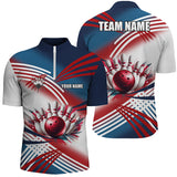 MaxCorners Bowling And Pins Red, White And Blue Customized Name, Team Name 3D Stand Collar Zipper Polo Shirt For Men