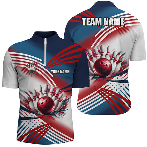 MaxCorners Bowling And Pins Red, White And Blue Customized Name, Team Name 3D Stand Collar Zipper Polo Shirt For Men