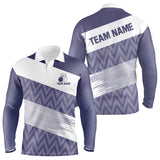 Maxcorners Purple And White Camo Bowling Polo, Quarter Zip Shirt For Men Custom Bowling Team Jersey Bowler Outfit