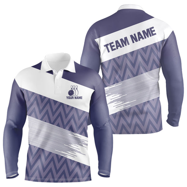 Maxcorners Purple And White Camo Bowling Polo, Quarter Zip Shirt For Men Custom Bowling Team Jersey Bowler Outfit