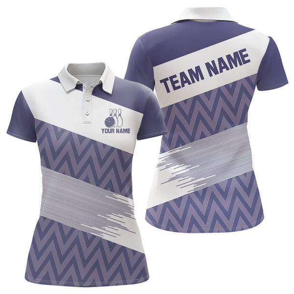 Maxcorners Purple And White Camo Bowling Polo, Quarter Zip Shirt For Men Custom Bowling Team Jersey Bowler Outfit