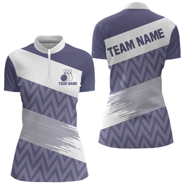 Maxcorners Purple And White Camo Bowling Polo, Quarter Zip Shirt For Women Custom Bowling Team Jersey Outfit