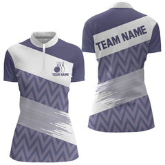 Maxcorners Purple And White Camo Bowling Polo, Quarter Zip Shirt For Women Custom Bowling Team Jersey Outfit