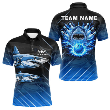 Maxcorners Black and blue shark bowling shirt for men custom lightning thunder bowling polo, quarter zip shirts LM0101
