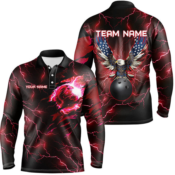 Maxcorners Red lightning thunder bowling American flag Eagle custom Mens Bowling Polo Shirts, Quarter Zip Shirts