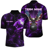 Maxcorners Purple lightning thunder bowling American flag Eagle custom Mens Bowling Polo, Quarter Zip Shirts