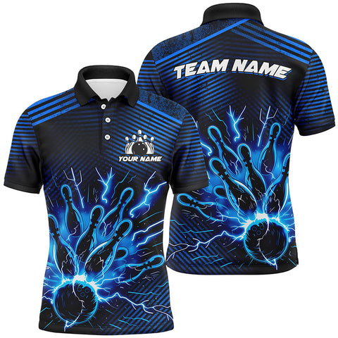 MaxCorners Bowling And Pins Blue Lightning Thunder Customized Name 3D Polo Shirt Unisex