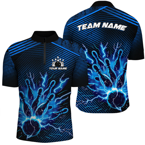 MaxCorners Bowling And Pins Blue Thunder Lightning Customized Name, Team Name 3D Stand Collar Zipper Polo Shirt For Men