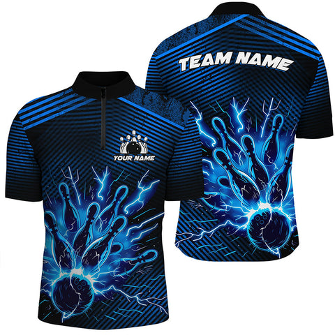 MaxCorners Bowling And Pins Blue Thunder Lightning Customized Name, Team Name 3D Stand Collar Zipper Polo Shirt For Men