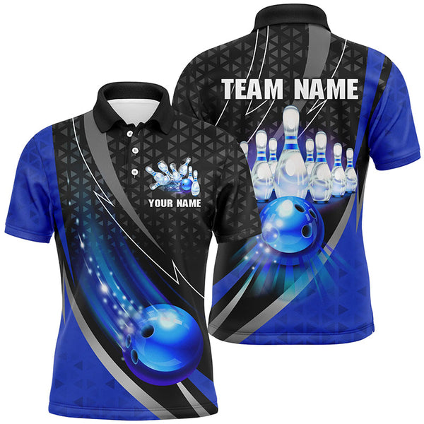 Maxcorners Black and Blue Bowling Camo Polo, 1/4 Zip Shirt for Men Custom Team Bowling jerseys, Bowler Outfit