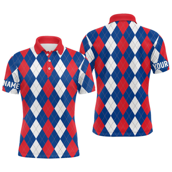Maxcorners Mens golf polo shirt custom red, white and blue argyle plaid pattern golf attire for men