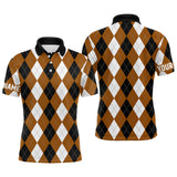 Maxcorners Mens golf polo shirt custom brown argyle plaid pattern golf attire for men