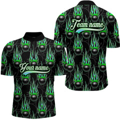 Maxcorners Black Bowling Ball Camo Green Flame Bowling Polo, 1/4 Zip Shirt For Men Custom Bowling Team Jersey
