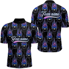 Maxcorners Black Bowling Ball Camo Blue Flame Bowling Polo, 1/4 Zip Shirt For Men Custom Bowling Team Jersey