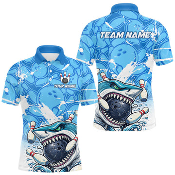 Maxcorners Blue Bowling Camo Angry Shark Bowling Polo, 1/4 Zip Shirts for Men Custom Shark Team Bowling Jerseys LM0602