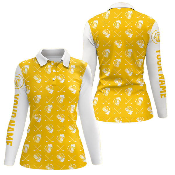 Maxcorners Yellow and white golf pattern Mens Golf polo shirts custom name golf beer outfit men golf clothes