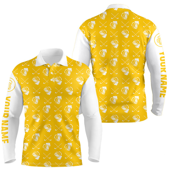 Maxcorners Yellow and white golf pattern Mens Golf polo shirts custom name golf beer outfit men golf clothes