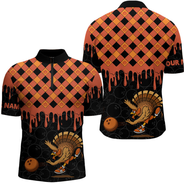 Maxcorners Funny Bowling Turkey Thanksgiving Mens Bowling Shirt Orange Pumpkin Custom Team Bowling Jersey LM0910