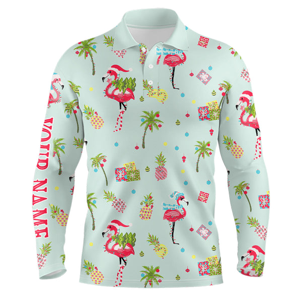 Maxcorners Pink Flamingo Christmas Green Pattern Men golf polo shirt custom Christmas gifts for team golfer