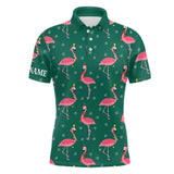 Maxcorners Pink Flamingo Christmas Snowflake Green Pattern Men golf polo shirt custom gifts for team golfer