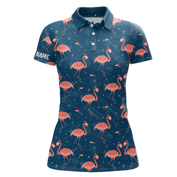 Maxcorners Pink Flamingo Christmas Blue Pattern Women golf polo shirt custom Christmas gifts for team golfer