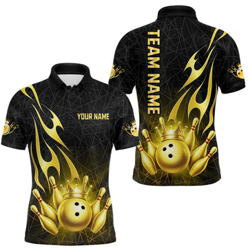 Maxcorners Black and Gold Flame Bowling Shirts For Men Custom Bowling Team League Jersey, Gift For Bowler LM1903