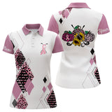 Max Corners Pink Argyle Leopard Pattern Pink Ribbon Customized Name 3D Golf Polo Shirt For Women