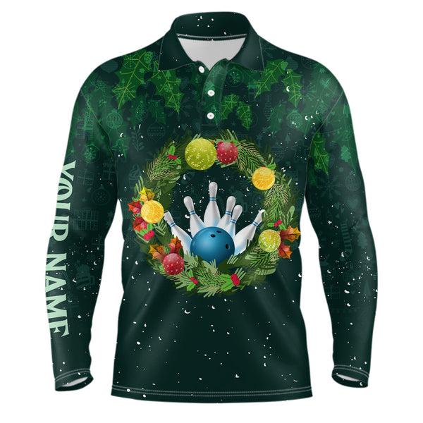 Maxcorners Green Christmas Wreath Men Bowling Polo Shirt Custom Green Pattern Christmas Bowling Tops