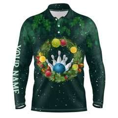 Maxcorners Green Christmas Wreath Men Bowling Polo Shirt Custom Green Pattern Christmas Bowling Tops