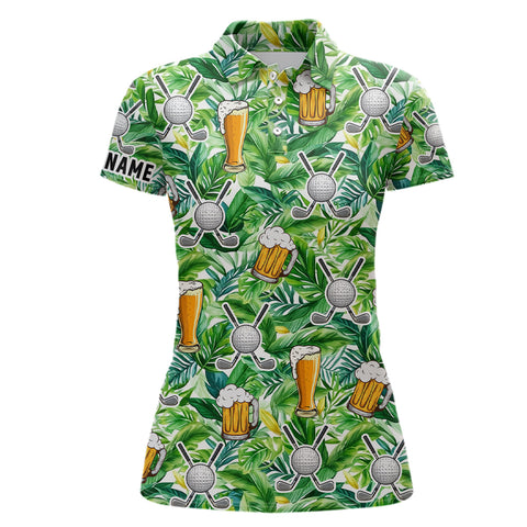 Maxcorners Funny Golf Beer Green Tropical Leaves Pattern Custom Women Golf Polo Shirt