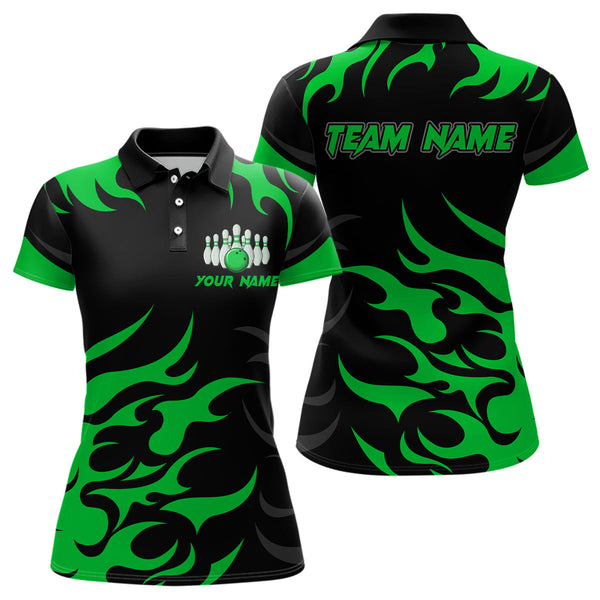 Maxcorners Black and Green Flame Bowling shirts for Men Custom team bowling jerseys, mens bowling apparel  LM1307