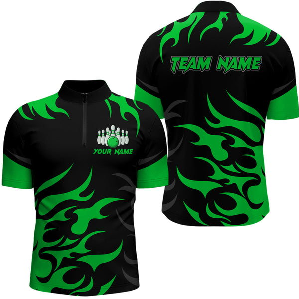 Maxcorners Black and Green Flame Bowling shirts for Men Custom team bowling jerseys, mens bowling apparel  LM1307