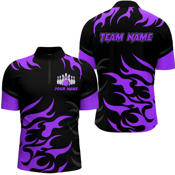 Maxcorners Black and Purple Flame Bowling shirts for Men Custom team bowling jerseys, mens bowling apparel LM1307