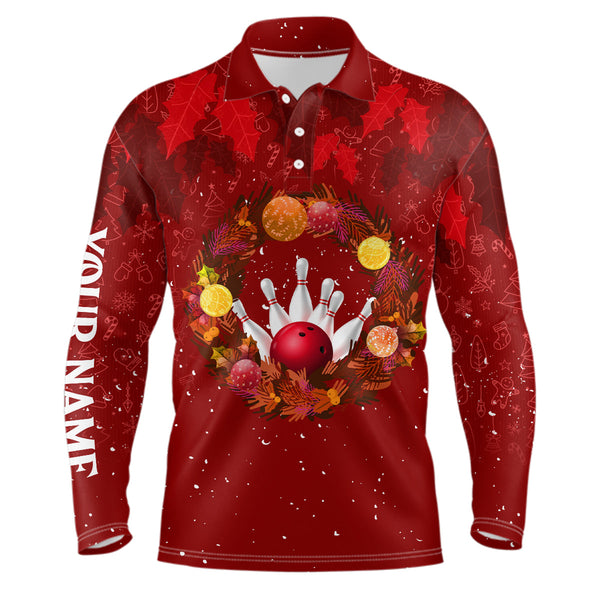 Maxcorners Red Christmas Wreath Mens Bowling Polo, Quarter-Zip Shirt Custom Christmas bowling tops for Team