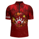 Maxcorners Red Christmas Wreath Mens Bowling Polo, Quarter-Zip Shirt Custom Christmas bowling tops for Team