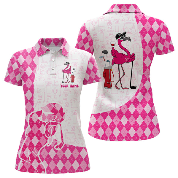 Maxcorners Pink Argyle Plaid Pattern Flamingo Golf Wine Women Golf Polos Shirt Custom Funny Golf Shirt For Ladies