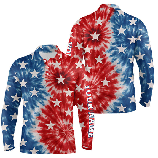 Maxcorners American Flag Tie dye pattern Mens golf polo shirts custom name patriotic golf attire for mensMT0306