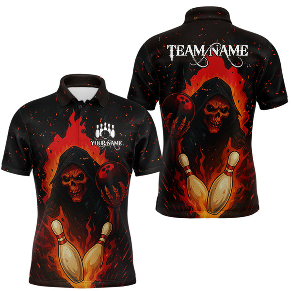 Maxcorners Black and Red Flame Skull Reaper Bowling Shirt For Men Custom Halloween Bowling Team Outfit Jerseys TU1609