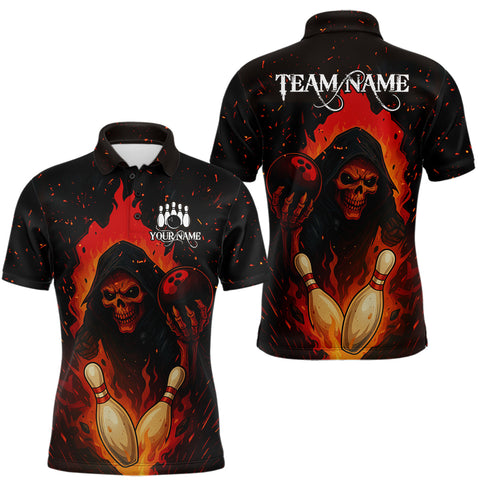 Maxcorners Black and Red Flame Skull Reaper Bowling Shirt For Men Custom Halloween Bowling Team Outfit Jerseys TU1609