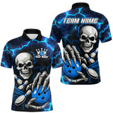 Maxcorners Custom Blue Lightning Thunder Skull Bowling Shirts For Men, Halloween Bowling Team Jerseys MT2009