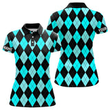 Maxcorners Womens golf polo shirts custom Cyan Blue and black argyle plaid pattern golf attire for ladies