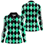 Maxcorners Womens golf polo shirts custom Cyan Green and black argyle plaid pattern golf attire for ladies