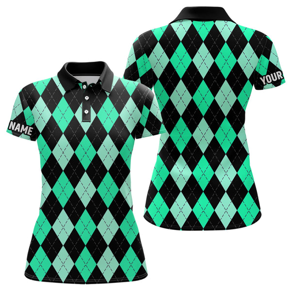 Maxcorners Womens golf polo shirts custom Cyan Green and black argyle plaid pattern golf attire for ladies