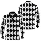 Maxcorners Mens golf polo shirts custom White and black argyle plaid pattern golf attire for men