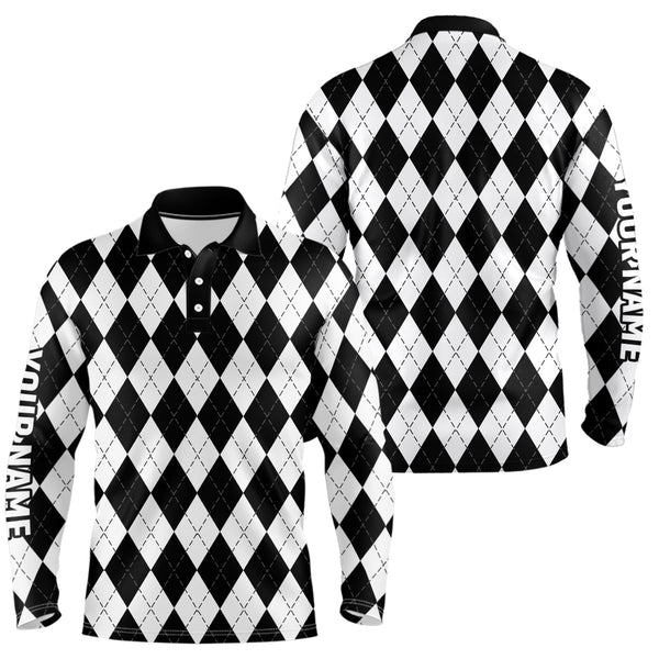 Maxcorners Mens golf polo shirts custom White and black argyle plaid pattern golf attire for men