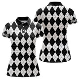 Maxcorners Womens golf polo shirts custom White and black argyle plaid pattern golf attire for ladies