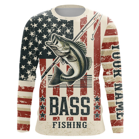 Maxcorners Largemouth Bass fishing vintage American flag Custom performance patriotic long sleeve fishing shirts LM2408
